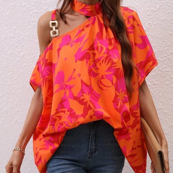 Boho Floral Print Asymmetrical Neck Chain Detail Blouse - Picture 2 of 5